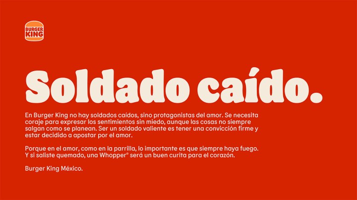 Burger King está en la búsqueda del “Soldado Caído” que se volvió viral tras vivir un desamor en San&nbsp;Valentín